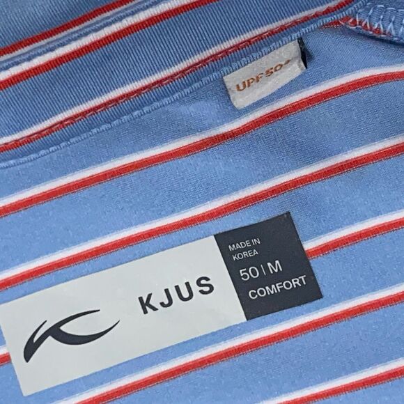 KJUS Golf Polo Shirt Mens Medium 50 Blue Red Performance Athletic Striped Casual - Picture 4 of 11